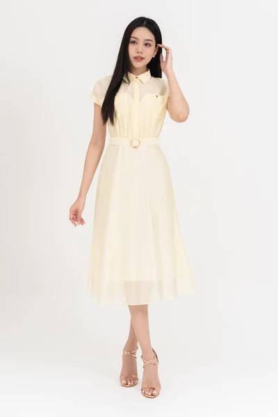 Đầm tencel dáng xòe phối đai