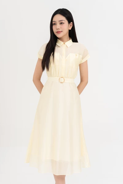 Đầm tencel dáng xòe phối đai