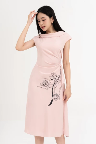 Đầm cổ xếp in hoa