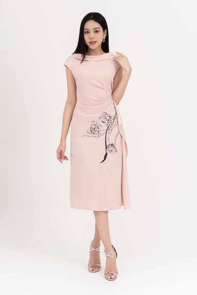 Đầm cổ xếp in hoa