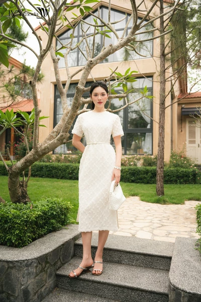Élégance Blanche – Đầm ren trắng tay ngắn