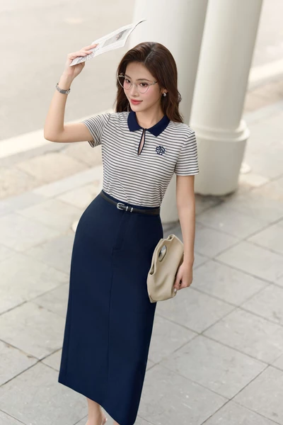 Áo Polo dệt kim Navy Stripe