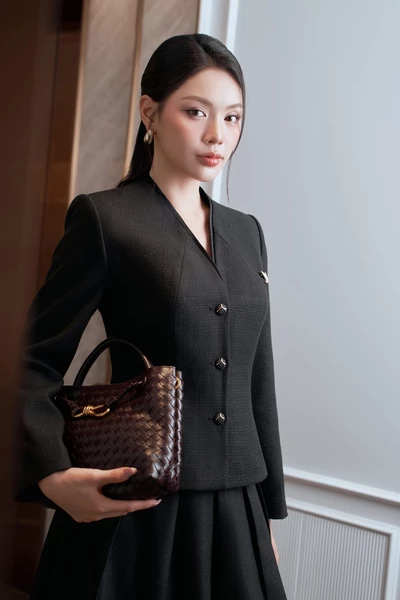 Áo vest cổ V Tweed Retro