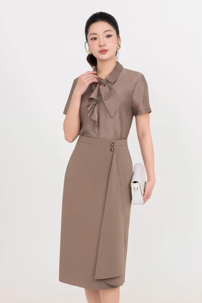 Áo sơ mi cổ nơ Nâu Tây